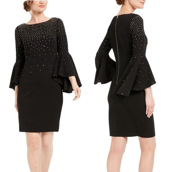 Calvin Klein Black Embellished Bell Sleeve Cocktail Sheath Dress 20792 - Picture 1 of 10